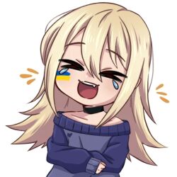1girl black_choker blonde_hair blush choker closed_eyes facepaint hair_between_eyes henna_(hentaiukr) hentaiukr korzynka_persykiv laughing long_hair non-web_source off_shoulder own_hands_clasped own_hands_together purple_sweater solo sticker sweater tearing_up transparent_background ukrainian_flag