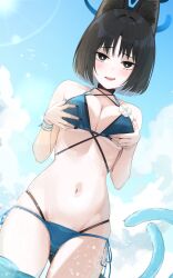 1girl absurdres animal_ear_fluff animal_ears bikini black_bikini black_eyes black_hair blue_archive blue_bikini blue_sky blush breasts cat_ears cat_girl cat_tail cleavage commentary day grabbing_own_breast highres kikyou_(blue_archive) kikyou_(swimsuit)_(blue_archive) layered_bikini looking_at_viewer medium_breasts navel open_mouth opm7760 short_hair side-tie_bikini_bottom skindentation sky solo swimsuit tail thighs