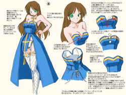 Rule 34 | 1girl, arch bishop (ragnarok online), blue dress, breasts, brown hair, cleavage, closed mouth, commentary request, cross, cross in mouth, dress, expressionless, feet out of frame, fishnet thighhighs, fishnets, frilled thighhighs, frills, garter straps, green eyes, long hair, multiple views, panties, pointing out the details, ragnarok online, simple background, tatsumi ray, thighhighs, translation request, underwear, white panties, white thighhighs