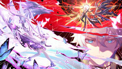 Rule 34 | 1boy, 1girl, bare shoulders, black choker, black tiara, blue butterfly, blue eyes, bug, butterfly, castorice (honkai: star rail), choker, dragon, dress, elbow gloves, gloves, hair between eyes, hair ornament, halo, high heels, highres, honkai: star rail, honkai (series), insect, kangetsu (fhalei), long hair, looking at viewer, phainon (honkai: star rail), pollux (honkai: star rail), purple butterfly, purple gloves, purple hair, short hair, split theme, tattoo, thighhighs, tiara, white hair, white thighhighs, wings