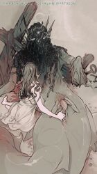 1girl 1other barefoot covered_face dress fingering fins fish_tail fishing_net from_above glowing glowing_eyes hand_on_another&#039;s_chest huge_clitoris interspecies long_hair mermaid monochrome monster monster_girl original pussy tail webbed_hands xxxenokun