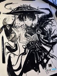 Rule 34 | 1boy, alticute, art tools in frame, artist name, belt, bilibili logo, blunt ends, bodysuit, bow, bridal gauntlets, calligraphy brush (medium), cross-eyed, expressionless, gem, genshin impact, gold ring, greyscale, hat, highres, japanese clothes, jingasa, kimono, looking at viewer, male focus, mandarin collar, middle ring, monochrome, open clothes, open hands, open kimono, outstretched arms, parted lips, pen (medium), photo (medium), sash, scaramouche (genshin impact), scene reference, short sleeves, shorts, shoulder peek, sketch, solo, spread arms, straight-on, tassel, tiktok logo, traditional media, vision (genshin impact), wanderer (genshin impact)