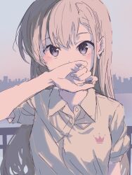 1girl asymmetrical_bangs bad_id bad_twitter_id blush braid braided_bangs collared_shirt covering_own_mouth earrings eyelashes gradient_sky grey_hair hand_over_own_mouth highres hisakawa_hayate idolmaster idolmaster_cinderella_girls idolmaster_cinderella_girls_starlight_stage jewelry long_hair looking_at_viewer mame_(da4_nu) outdoors purple_eyes school_uniform shirt sketch sky skyline solo upper_body white_shirt