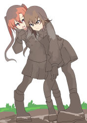 Rule 34 | 2girls, absurdres, bellwall military uniform, black jacket, boots, brown eyes, brown hair, commission, eesu, girls und panzer, girls und panzer little army, highres, jacket, kuromorimine military uniform, long hair, mud, multiple girls, nakasuga emi, nishizumi maho, orange eyes, orange hair, pixiv commission, twintails