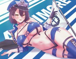 Rule 34 | 1girl, :d, arbiter1, azur lane, baltimore (azur lane), baltimore (finish line flagbearer) (azur lane), bikini, black bikini, black choker, black gloves, blue bikini, blue boots, blue hat, blue jacket, blue shorts, blue sleeves, blush, boots, braid, braided bangs, breasts, brown hair, character name, chest harness, choker, cleavage, clothes writing, collarbone, commentary request, cropped jacket, detached sleeves, flag, gloves, hair between eyes, harness, hat, highleg, highleg bikini, highres, jacket, large breasts, looking at viewer, lying, micro shorts, mismatched bikini, navel, official alternate costume, on side, open mouth, peaked cap, pole, race queen, shadow, short hair, shorts, sidelocks, single bare shoulder, single detached sleeve, single glove, single sleeve, skindentation, smile, solo, stomach, swimsuit, thigh boots, underboob, yellow eyes