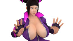 1girl 20s 3d absurdres arms_up black_hair blender_(medium) blunt_bangs bodysuit breast_expansion breasts capcom catsuit cleavage dpmaker drill_hair female_focus fingerless_gloves gloves han_juri high_collar highres huge_breasts kneeling multicolored_bodysuit padded_gloves pink_bodysuit pink_eyes purple_bodysuit rolling_eyes short_hair sidelocks simple_background solo street_fighter street_fighter_v surprised testicles twin_drills unzipped white_background wide-eyed zipper