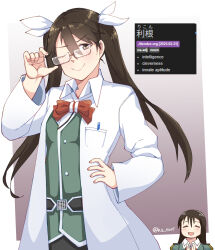 2girls absurdres bespectacled bow bowtie brown_eyes brown_hair chikuma_(kancolle) chikuma_kai_ni_(kancolle) coat glasses gradient_background grey_background highres kantai_collection lab_coat long_hair multiple_girls nwr one-hour_drawing_challenge one_eye_closed red_bow red_bowtie ribbon smile tone_(kancolle) tone_kai_ni_(kancolle) twintails white_coat white_ribbon