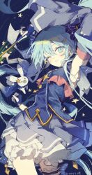 1girl 39 animal arm_over_head arm_up beamed_eighth_notes bloomers blue_dress blue_eyes blue_gloves blue_hair blue_ribbon blue_scarf blue_sleeves commentary constellation_print contrapposto cowboy_shot dated detached_sleeves dress earrings eighth_note fingerless_gloves frilled_thigh_strap gloves grin hair_ornament hair_ribbon hairclip hatsune_miku highres holding holding_wand jewelry light_blue_hair light_blush long_hair miku_day musical_note musical_note_print ofgwr one_eye_closed rabbit rabbit_yukine ribbon scarf sleeveless sleeveless_dress smile solo star_(symbol) star_hair_ornament star_trail tabard thigh_strap treble_clef twintails underwear very_long_hair vocaloid wand yuki_miku yuki_miku_(2017)