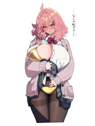 1girl :o absurdres ahoge bikini bikini_under_clothes black_ribbon black_skirt blush bow bowtie braid breasts brown_cardigan brown_pantyhose cardigan clothes_lift cropped_legs flower gold_bikini hair_flower hair_ornament hair_ribbon head_tilt highres huge_breasts kozakura_men_(warabi_mochi_(w4rabimochi)) long_sleeves looking_at_viewer medium_hair mole mole_under_eye navel original pantyhose pink_eyes pink_hair red_bow red_bowtie ribbon school_uniform shirt simple_background single_braid skirt skirt_lift solo sweat swimsuit thighband_pantyhose warabi_mochi_(w4rabimochi) white_background white_shirt