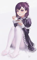 Rule 34 | 1girl, absurdres, blush, cake, cake slice, feet, gabriel dropout, highres, medium hair, open mouth, pantyhose, purple eyes, purple hair, soles, toes, vignette tsukinose april, white pantyhose