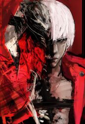 1boy alternate_form belt_bra black_skin blue_eyes coat colored_skin dante_(devil_may_cry) demon_boy demon_horns devil_may_cry devil_may_cry_(series) devil_may_cry_3 devil_trigger highres horns kyezzzz looking_at_viewer male_focus red_coat serious short_hair solo split_theme transformation white_hair