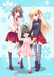 10s 3girls ahoge black_hair blazer blonde_hair blush bow brown_hair child copyright_name dress grin hair_ornament hair_ribbon hairband holding_hands interlocked_fingers jacket long_hair miniskirt multiple_girls necktie nora-toro open_mouth papa_no_iu_koto_wo_kikinasai! ponytail ribbon school_uniform short_hair siblings sisters skirt smile striped_clothes striped_legwear striped_thighhighs takanashi_hina takanashi_miu takanashi_sora thighhighs twintails two_side_up wide_ponytail