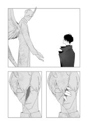 Rule 34 | 2boys, benkdjjituibot, black coat, black hair, canvas texture, coat, cocoon, collared shirt, cracked skin, crawling, demon horns, faceless, feathered wings, fleeing, highres, hole in face, horns, inset border, kim dokja, multiple boys, offering hand, official alternate costume, omniscient reader&#039;s viewpoint, outstretched arms, outstretched hand, popped collar, porcelain, shirt, short hair, statue, white background, white coat, white hair, white shirt, white wings, wings, yoo joonghyuk