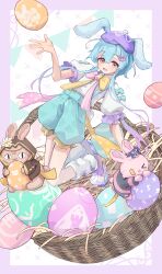1boy absurdres alternate_costume animal_ears arknights basket blue_hair bow bowtie commentary_request easter easter_egg egg goldenglow_(arknights) hat highres male_focus mizuki_(arknights) pepe_(arknights) pink_eyes puffy_shorts rabbit_ears riu_kawano shirt short_sleeves shorts solo_focus white_shirt yellow_bow yellow_bowtie