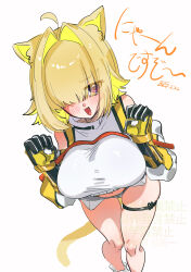 1girl :3 absurdres ahoge animal_ear_fluff animal_ears bibie307 blonde_hair blush breasts cat_ears cat_tail chinese_text commentary_request cropped_sweater dated detached_sleeves elegg_(nikke) exposed_pocket fang from_above gloves goddess_of_victory:_nikke grey_shorts hair_intakes hair_over_eyes highres large_breasts long_bangs long_sleeves looking_at_viewer micro_shorts multicolored_gloves multicolored_hair navel open_mouth plump purple_eyes short_hair shorts simple_background skindentation smile solo sweater tail thigh_strap thighs twitter_username two-sided_gloves two-tone_hair watermark white_background white_sweater yellow_gloves