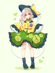 1girl :q black_boots black_hat blouse blush boots bow bright_pupils buttons closed_mouth diamond_button eyeball floral_print frilled_shirt_collar frilled_skirt frilled_sleeves frills full_body green_background green_eyes green_skirt hat hat_bow heart heart_of_string highres knees komeiji_koishi light_green_hair long_sleeves looking_to_the_side medium_hair rose_print shirt simple_background skirt sleeves_past_fingers sleeves_past_wrists smile solo standing third_eye toconikky tongue tongue_out touhou wavy_hair wide_sleeves yellow_bow yellow_shirt