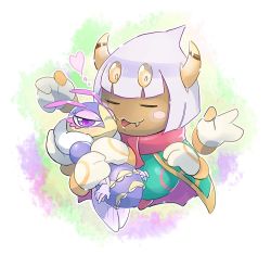 1boy 1girl 2017 alternate_height bee blush_stickers bob_cut bug cape disembodied_hand closed_eyes fangs gloves horns hug bug kirby:_triple_deluxe kirby_(series) kumoketu nintendo queen_sectonia scarf size_difference sweatdrop taranza wasp white_hair