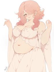 1girl absurdres aglaya_corl artist_request belly blush borrowed_character breasts cleavage detached_sleeves frills front-tie_top hair_over_one_eye highres large_breasts lingerie lips loose_sleeves medium_hair navel one_eye_covered original pajamas pink_eyes pink_hair pink_skirt plump signature skirt smile solo standing underwear wavy_hair white_background