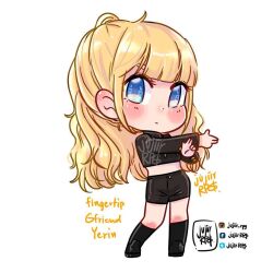 1girl artist_name_(singer) black_shorts black_socks blonde_hair blue_eyes blunt_bangs blush chibi chibi_only closed_mouth commentary_request crop_top facebook_username full_body gfriend group_name half_updo instagram_username jujiirrpg k-pop kneehighs long_hair looking_at_viewer real_life shorts sidelocks socks solo song_name thai_commentary twitter_username yerin_(gfriend)