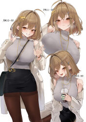1girl absurdres ahoge alternate_costume anis_(nikke) black_pantyhose black_skirt breasts brown_eyes brown_hair coat commentary cowboy_shot cropped_torso cup disposable_cup earrings goddess_of_victory:_nikke grey_sweater highres holding holding_cup holding_phone jewelry large_breasts miniskirt multiple_views necklace pantyhose pencil_skirt phone rossy_(yowayowachimpo) short_hair skirt smile sweater white_background white_coat