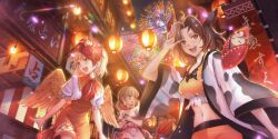 Rule 34 | 3girls, aerial fireworks, animal, animal ears, animal on head, animal print, baby animal, bird, bird on head, bird wings, black hair, blonde hair, blush, breasts, chick, commentary, cow ears, cow girl, cow horns, cow print, cow tail, dress, ebisu eika, english commentary, feathered wings, fireworks, game cg, grey hair, haori, highres, horns, japanese clothes, lantern, long earlobes, long hair, midriff, multicolored hair, multiple girls, navel, niwatari kutaka, official art, on head, open mouth, orange dress, outdoors, paper lantern, red hair, red horns, red tail, shirt, shoichi (ekakijin), short sleeves, skirt, smile, split-color hair, statue, tail, tank top, third-party source, touhou, touhou lostword, translation request, two-tone hair, ushizaki urumi, white shirt, white skirt, wide sleeves, wings, yellow tank top, yellow wings