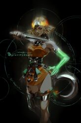 1girl ancient_greek_clothes armor asymmetrical_arms black_sclera bone colored_sclera dress glowing_arm gravitydusty greco-roman_clothes green_lips hades_(series) hades_2 highres holding_sickle laurel_crown melinoe_(hades) mismatched_sclera orange_dress red_eyes see-through_body sickle skeletal_arm sword weapon