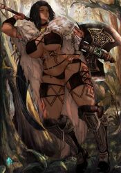 abs absurdres arm_tattoo arm_up armor armored_boots axe battle_axe boots bracer breasts brown_hair cape choker commentary commission dappled_sunlight dark-skinned_female dark_skin day double-sided_axe dreadlocks dutch_angle english_commentary facial_mark final_fantasy final_fantasy_xiv full_body fur_cape gluteal_fold half-closed_eyes hand_on_own_hip highres holding holding_axe holding_weapon huge_breasts huge_weapon ikerellatab jewelry leg_tattoo legs_apart light_smile lips long_hair looking_at_viewer looking_to_the_side multiple_rings multiple_scars muscular muscular_female navel outdoors over_shoulder parted_lips red_eyes ring scar scar_across_eye scar_on_breasts scar_on_chest scar_on_face scar_on_leg scar_on_stomach scars_all_over stomach stomach_tattoo sunlight tattoo too_many underboob underbust warrior_(final_fantasy) warrior_of_light_(ff14) weapon weapon_over_shoulder