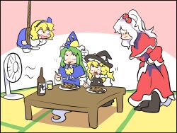 Rule 34 | 4girls, alice margatroid, alice margatroid (pc-98), black vest, blonde hair, blue capelet, blue hairband, bound, bow, bowtie, braid, capelet, dress, eating, electric fan, ghost tail, green hair, hair bobbles, hair bow, hair ornament, hair ribbon, hairband, hands on own hips, hat, hat bow, highres, kirisame marisa, long hair, long sleeves, mima (touhou), multiple girls, one side up, open mouth, red capelet, red dress, ribbon, rope, sekaihebi, shinki (touhou), shirt, short hair, side braid, side ponytail, single braid, skirt, sun print, sun symbol, tied up (nonsexual), touhou, touhou (pc-98), vest, white bow, white hair, witch hat, wizard hat, yellow bow, yellow bowtie