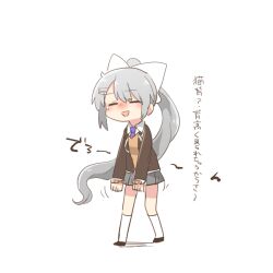1girl :d black_jacket black_shoes blazer blush_stickers bow brown_sweater chibi closed_eyes collared_shirt facing_viewer full_body grey_hair grey_skirt hair_bow hair_ornament hairclip higuchi_kaede higuchi_kaede_(1st_costume) jacket kneehighs long_hair long_sleeves mole mole_under_eye necktie nijisanji open_clothes open_jacket open_mouth pleated_skirt ponytail purple_necktie rebecca_(keinelove) school_uniform shadow shirt shoes simple_background skirt sleeves_past_wrists smile socks solo sweater translation_request very_long_hair virtual_youtuber walking white_background white_bow white_shirt white_socks