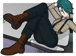 1girl boots bright_pupils chair crossed_legs dutch_angle full_body green_hair hair_over_one_eye hand_on_own_head indoors lireslol long_hair looking_to_the_side pokemon pokemon_sv ponytail red_eyes rika_(pokemon) sitting smile solo