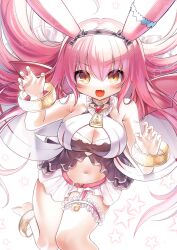 Rule 34 | 1girl, absurdres, animal ears, bare shoulders, barefoot, breasts, chachong sama, cleavage, emil chronicle online, highres, large breasts, long hair, looking at viewer, miniskirt, mitama nanai, navel, open mouth, pink hair, rabbit ears, skirt, thighs, yellow eyes