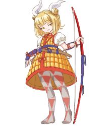 Rule 34 | 1girl, armor, armored dress, arrow (projectile), blonde hair, blunt bangs, bow, bow (weapon), double bun, dress, full body, geometric pattern, hair bun, hair ribbon, haniwa (statue), holding, holding arrow, holding bow (weapon), holding weapon, joutouguu mayumi, open mouth, pantyhose, print pantyhose, puffy short sleeves, puffy sleeves, quiver, red ribbon, red trim, ribbon, s-a-murai, short sleeves, solo, standing, touhou, vambraces, weapon, white background, white ribbon, yellow eyes