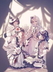1other 25-ji_kaito 25-ji_len 25-ji_luka 25-ji_meiko 25-ji_miku 25-ji_nightcord_de._(project_sekai) 25-ji_rin 3girls absurdres adjusting_another&#039;s_hair akiyama_mizuki asahina_mafuyu backlighting black_bow black_ribbon blue_eyes bow brown_eyes brown_hair closed_eyes commentary_request crinoline dress flower frilled_dress frilled_skirt frilled_sleeves frills hair_between_eyes hair_bow hair_flower hair_ornament hair_ribbon hand_up hands_on_lap hat hatsune_miku highres kagamine_len kagamine_rin kaito_(vocaloid) keikyoku_no_machi_wa_doko_e_(project_sekai) kneeling lace lace-trimmed_ribbon lace_trim layered_skirt long_hair long_sidelocks long_sleeves looking_at_another megurine_luka meiko_(vocaloid) mini_hat multiple_girls official_alternate_costume outstretched_arm pink_hair ponytail project_sekai purple_eyes purple_hair purple_skirt ribbon rose saku8587 shinonome_ena short_hair side_ponytail sidelocks sideways_hat sitting skirt twitter_username vocaloid wariza white_dress white_hair white_hat yoisaki_kanade