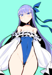 1girl bare_shoulders blue_choker blue_eyes blue_one-piece_swimsuit blue_ribbon choker closed_mouth commentary_request cowboy_shot fate/grand_order fate_(series) frilled_one-piece_swimsuit frills furrowed_brow ken_(koala) long_hair long_sleeves looking_at_viewer meltryllis meltryllis_(fate) meltryllis_(swimsuit_lancer)_(fate) off-shoulder_one-piece_swimsuit off_shoulder one-piece_swimsuit purple_hair ribbon simple_background sleeves_past_fingers sleeves_past_wrists solo standing swimsuit very_long_hair