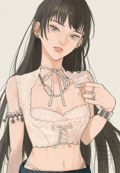 1girl bad_tag black_hair crop_top ear_piercing earrings fashion fingernails grey_eyes head_tilt jewelry lace long_hair mole mole_on_chest mole_under_eye nail_art neck_ribbon original piercing portrait ribbon silver_bangle silver_earrings solo thong watermark yksm_ktn