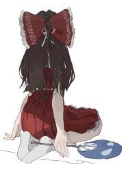 1girl bow brown_hair frilled_skirt frills from_behind hair_bow hakurei_reimu hand_fan highres long_hair no_shoes pleated_skirt red_shirt red_skirt reisende1969 seiza shirt simple_background sitting skirt socks soles solo touhou white_background white_socks