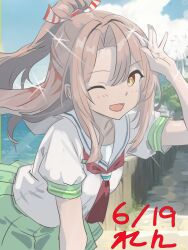 Rule 34 | 1girl, alternate costume, blue sky, brown eyes, brown hair, cloud, cowboy shot, day, green skirt, highres, kantai collection, long hair, neckerchief, one-hour drawing challenge, one eye closed, outdoors, ponytail, red neckerchief, ren (pawer1945), sailor collar, sailor shirt, school uniform, serafuku, shirt, skirt, sky, smile, solo, summer uniform, white sailor collar, white shirt, zuihou (kancolle)