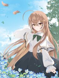 Rule 34 | 1girl, absurdres, ahoge, black ribbon, black skirt, blouse, blue flower, bow, bowtie, brown eyes, brown hair, closed mouth, cloud, falling feathers, falling leaves, feathers, flower, green bow, green bowtie, hair ribbon, highres, hololive, hololive english, leaf, long hair, long sleeves, nanashi mumei, narukahana, ribbon, shirt, skirt, sky, solo, virtual youtuber, white shirt