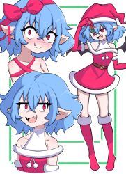 1girl bat_wings blue_hair blush boots christmas commentary dress elbow_gloves english_commentary fang fang_out fangs full_body fur-trimmed_boots fur-trimmed_dress fur-trimmed_gloves fur_trim gloves halterneck hat highres holding holly jitome knee_boots looking_at_viewer multiple_views naked_ribbon nose off-shoulder_dress off_shoulder open_mouth pointy_ears red_eyes remilia_scarlet ribbon santa_costume santa_hat short_dress short_hair smile smug_suriipi touhou wings