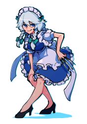 Rule 34 | 1girl, apron, between fingers, black shoes, blue dress, blue eyes, bow, braid, breasts, dress, full body, green bow, grey hair, hair between eyes, hair bow, hand on own knee, high heels, holding, iganashi1, izayoi sakuya, knife, leaning forward, looking to the side, maid, maid apron, maid headdress, medium breasts, medium hair, one-hour drawing challenge, puffy short sleeves, puffy sleeves, shadow, shoes, short sleeves, simple background, smile, smirk, solo, throwing knife, touhou, twin braids, waist apron, weapon, white apron, white background