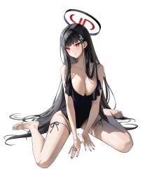Rule 34 | 1girl, absurdres, alternate costume, barefoot, black hair, black halo, black one-piece swimsuit, blue archive, blush, breasts, bright pupils, casual one-piece swimsuit, cleavage, commentary, english commentary, feet, hair ornament, hairclip, halo, highres, jewelry, large breasts, long hair, looking at viewer, minj kim, nail art, one-piece swimsuit, parted lips, red eyes, ring, ringed eyes, rio (blue archive), sidelighting, simple background, sitting, solo, swimsuit, toes, very long fingernails, very long hair, wariza, white background, white pupils