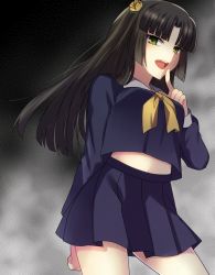 Rule 34 | 1girl, black hair, breasts, green eyes, hair ornament, kyoukai no rinne, long hair, midriff, navel, open mouth, shima renge, skirt