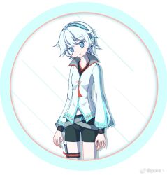 Rule 34 | belt, bike shorts, black shorts, blue eyes, blue headset, cardiogram, cardiogram print, chinese knot, cowboy shot, grey belt, headphones, headset, highres, jacket, long sleeves, looking at viewer, mirror, pointzhu, short hair, short shorts, shorts, standing, tassel, thigh strap, vocaloid, vsinger (vocaloid), watermark, weibo username, weibo watermark, white hair, white jacket, wristband, yanhe, yanhe v3