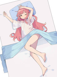 1girl barefoot blue_pillow bottomless bright_pupils closed_mouth full_body highres long_hair lying on_bed one_eye_closed original pa._(tatuya28001) red_eyes red_hair shirt short_sleeves solo white_background white_pupils white_shirt