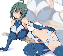 1girl ahoge bare_shoulders blue_leotard blush breasts closed_mouth commentary_request covered_navel elbow_gloves facial_mark female_focus gloves gluteal_fold green_hair hair_between_eyes highres kannagi_itsuki large_breasts leotard looking_at_viewer lying on_side ponponmaru purple_eyes shiny_clothes shiny_skin short_hair solo sora_wo_kakeru_shoujo thighhighs white_background zoom_layer