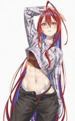 1girl abs absurdres ahoge alternate_costume arm_up black_pants blue_hair blush breasts clothes_writing colored_inner_hair cowboy_shot crop_top cropped_sweater denim elizabeth_rose_bloodflame grey_sweater hair_between_eyes hashtag-only_commentary highres hololive hololive_english huge_ahoge jeans large_breasts long_hair long_sleeves looking_at_viewer multicolored_hair muscular muscular_female nail_polish navel open_pants panties pants parted_lips red_eyes red_hair red_nails red_panties red_shirt samukzz shirt simple_background sleeves_past_wrists solo standing sweater teeth two-tone_hair underwear underwear_writing very_long_fingernails very_long_hair virtual_youtuber white_background