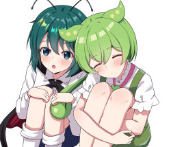 2girls :o absurdres antennae black_cape black_eyes blue_pupils blue_shorts blush cape closed_eyes closed_mouth collared_shirt commentary_request commission crossover feet_out_of_frame green_hair green_shorts highres hosinonana long_sleeves looking_at_viewer low_ponytail multiple_girls open_mouth pea_pod pixiv_commission ponytail shirt short_hair shorts simple_background suspenders touhou voiceroid voicevox white_background white_shirt wriggle_nightbug zundamon
