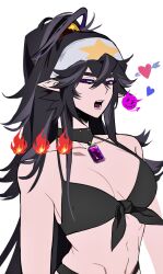 1girl alternate_costume aotu_world bandana bikini black_bikini black_choker black_hair breasts choker cleavage collar fire gem genderswap genderswap_(mtf) hair_between_eyes headband heart high_ponytail highres jewelry large_breasts long_hair looking_at_viewer monsterforensic navel open_mouth pointy_ears ponytail purple_eyes purple_gemstone ray_(aotu_world) sidelocks simple_background solo star_(symbol) star_print sticker swimsuit teeth upper_body white_background white_headband