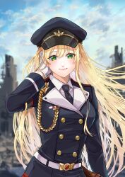 1girl absurdres adjusting_hair armband assault_rifle blonde_hair blue_sky commission commissioner_upload girls&#039;_frontline gloves green_eyes gun hat highres long_hair looking_at_viewer military_hat military_uniform necktie non-web_source rifle shirt skeb_commission sky stg44 stg44_(girls&#039;_frontline) waka_(negronoir) weapon white_gloves white_shirt