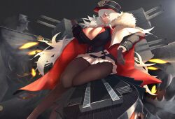 1girl azur_lane boku_(bo_ku) breasts cleavage graf_zeppelin_(azur_lane) hat high_heels large_breasts long_hair military_hat pantyhose red_eyes ship_turret sitting smoke solo thighband_pantyhose very_long_hair white_hair